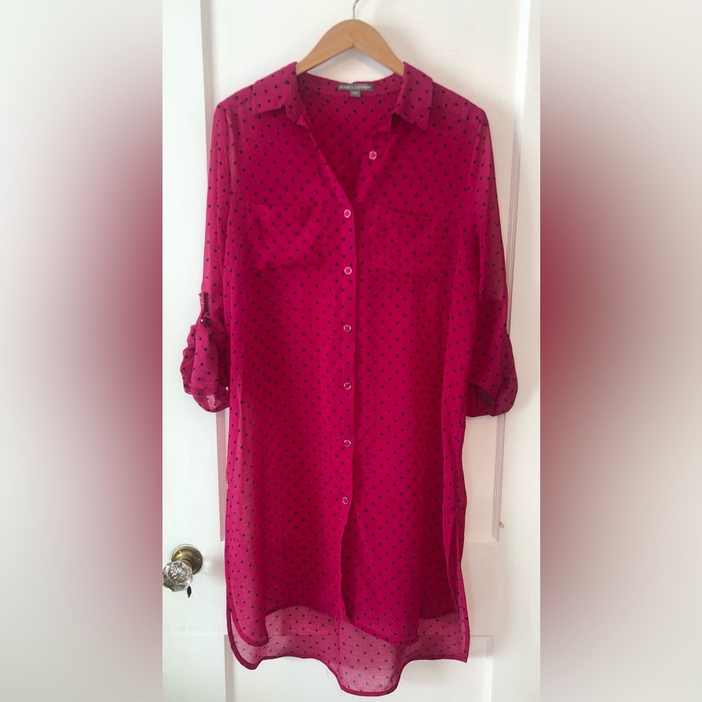 Jessica London Fuchsia, Button down shirt with Black Polka Dots.